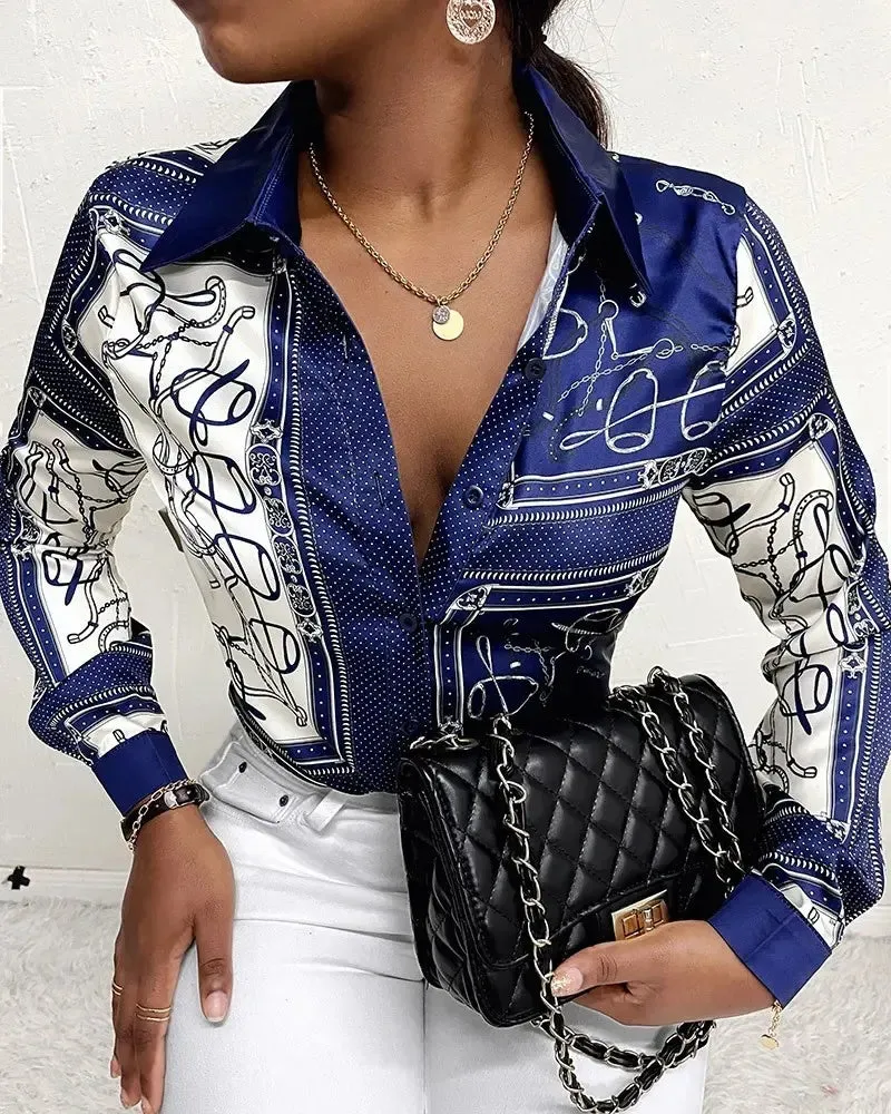 Xieyinshe - Scarf Print Button-Up Long Sleeve Shirt