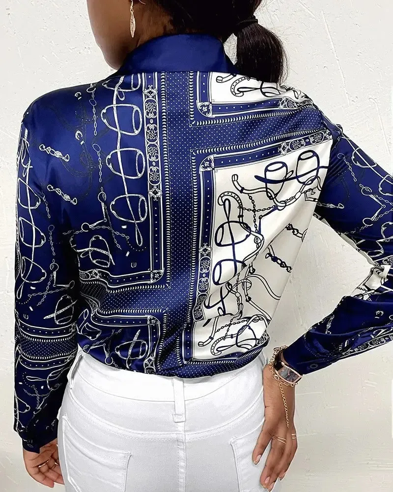 Xieyinshe - Scarf Print Button-Up Long Sleeve Shirt