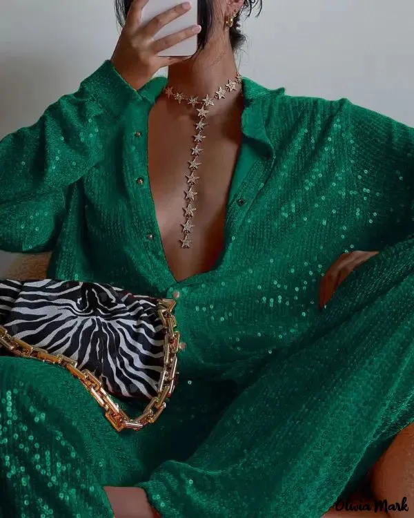 Xieyinshe - Sequin Button-Down Long Sleeve Shirt