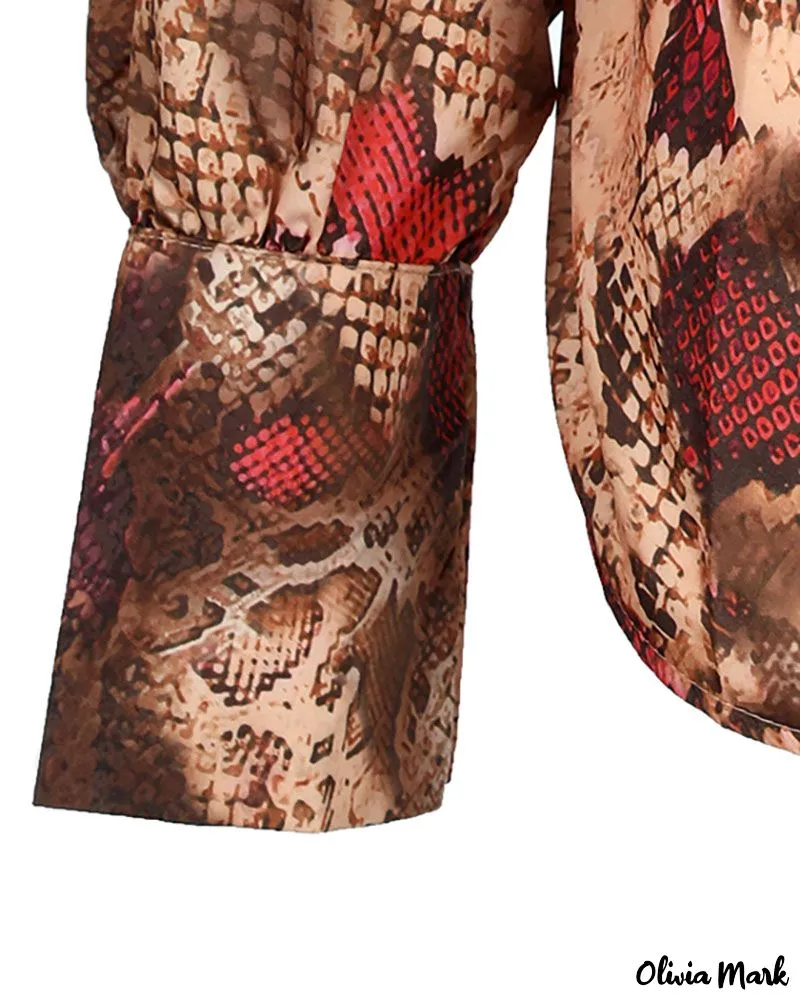 Xieyinshe - Snake Skin Pattern Cowl Neck Long Sleeve Blouse