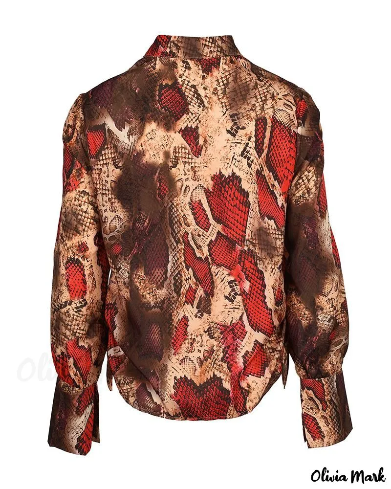 Xieyinshe - Snake Skin Pattern Cowl Neck Long Sleeve Blouse