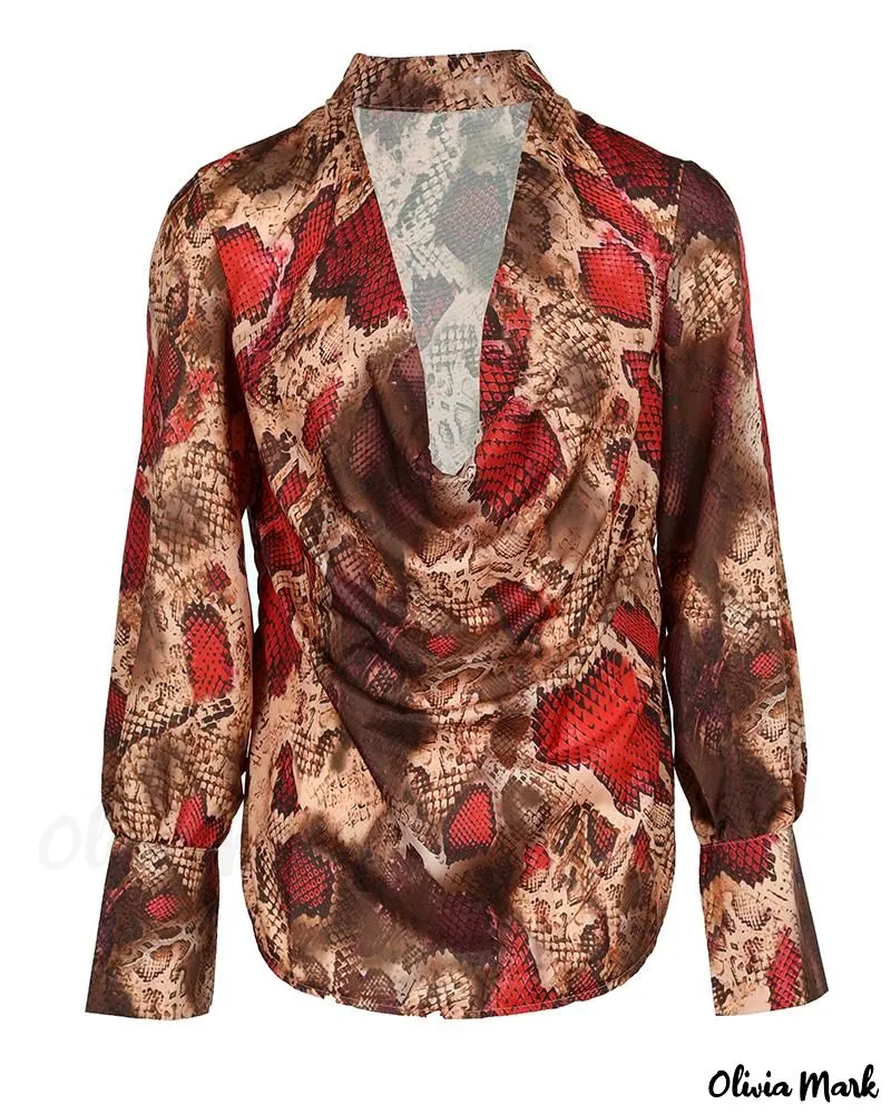 Xieyinshe - Snake Skin Pattern Cowl Neck Long Sleeve Blouse