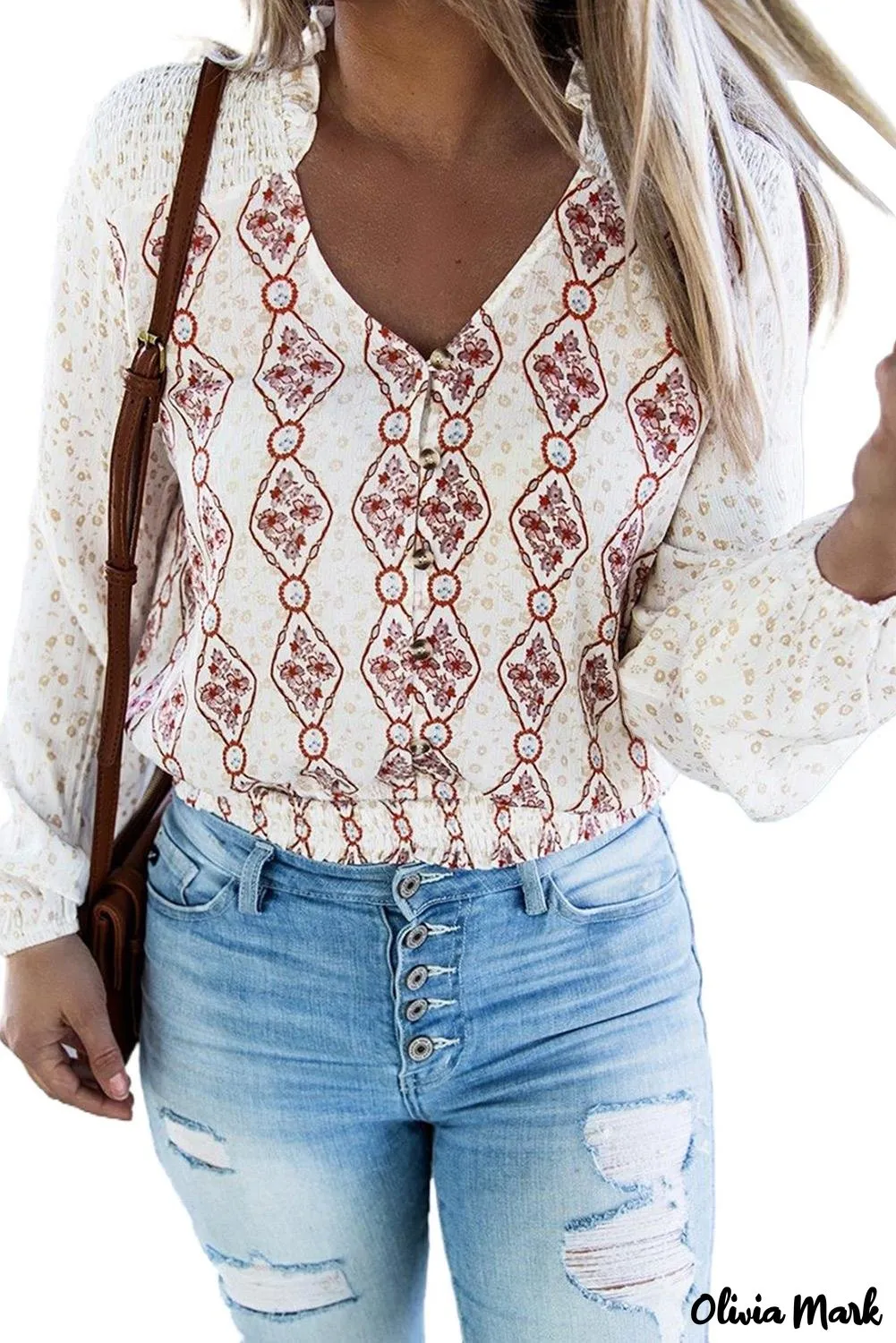 Xieyinshe - White Floral Button Down Long Sleeve Shirt