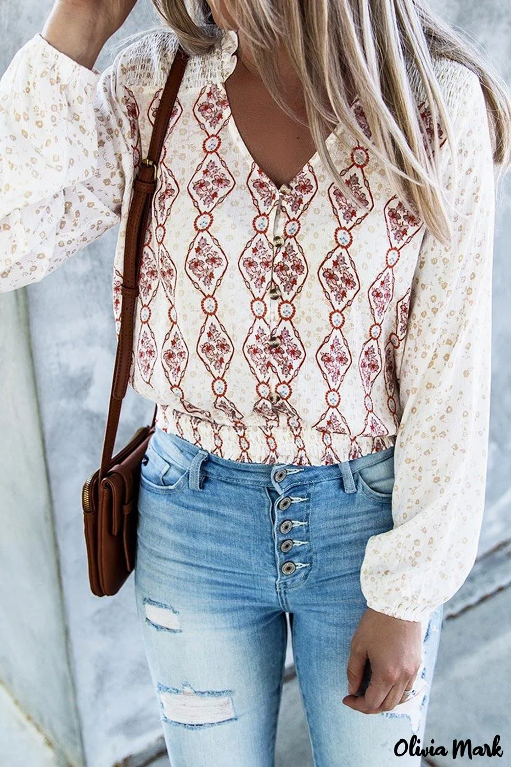 Xieyinshe - White Floral Button Down Long Sleeve Shirt