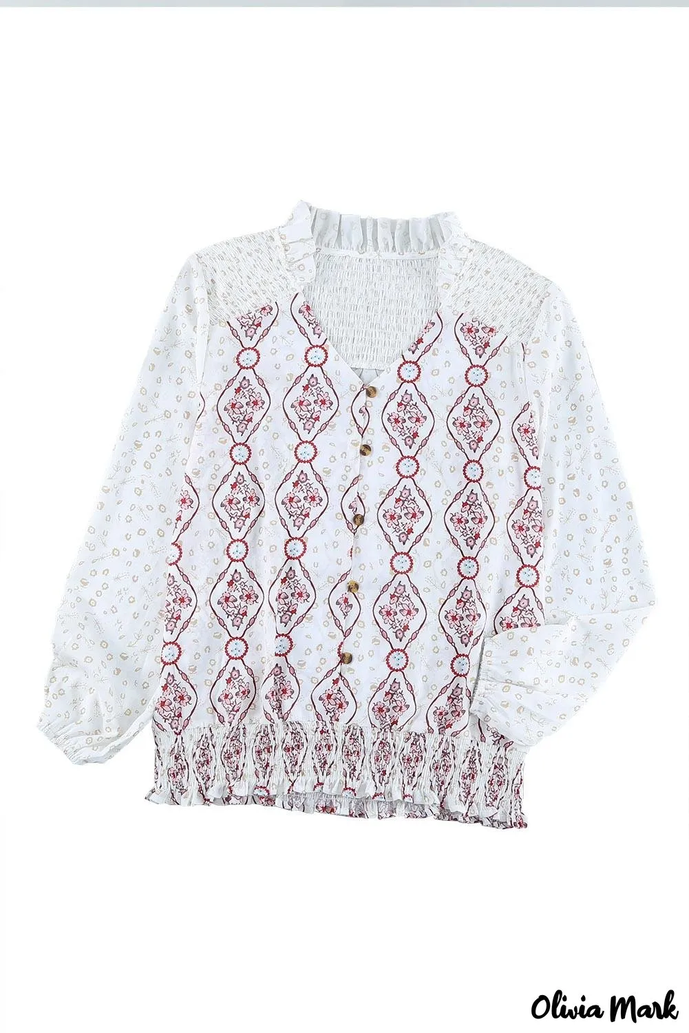 Xieyinshe - White Floral Button Down Long Sleeve Shirt