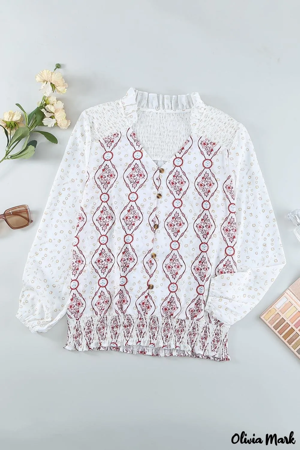Xieyinshe - White Floral Button Down Long Sleeve Shirt