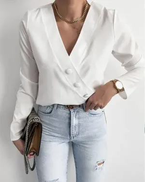 Xieyinshe - Wrap top with long sleeves and buttoned decoration