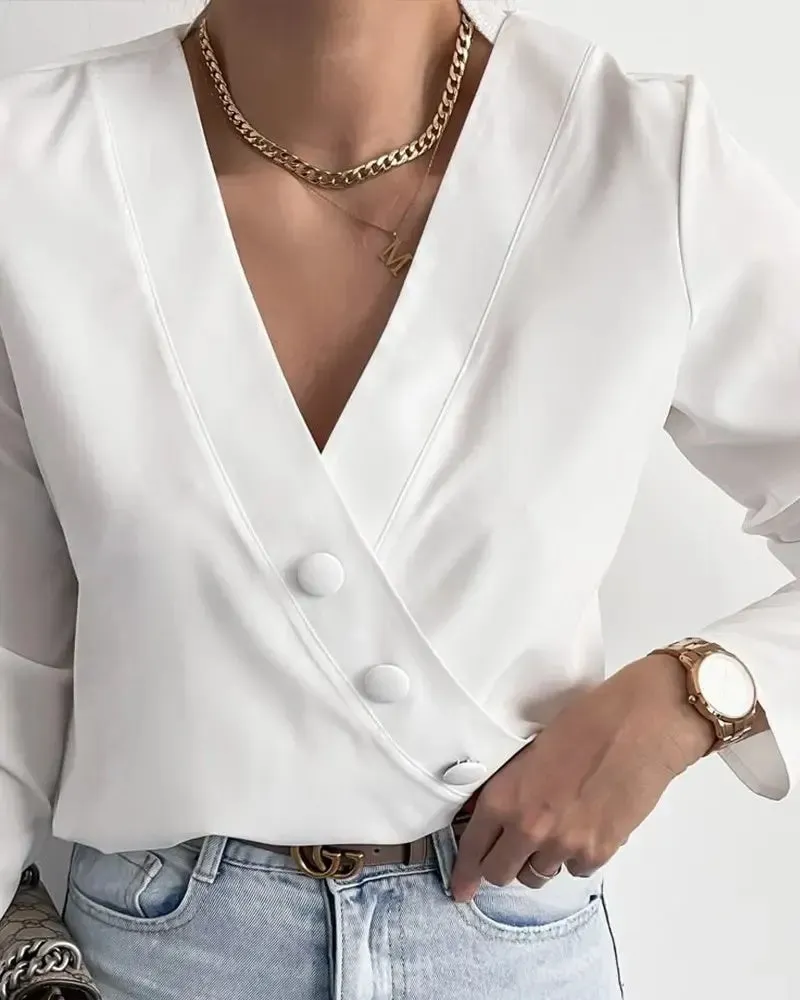 Xieyinshe - Wrap top with long sleeves and buttoned decoration