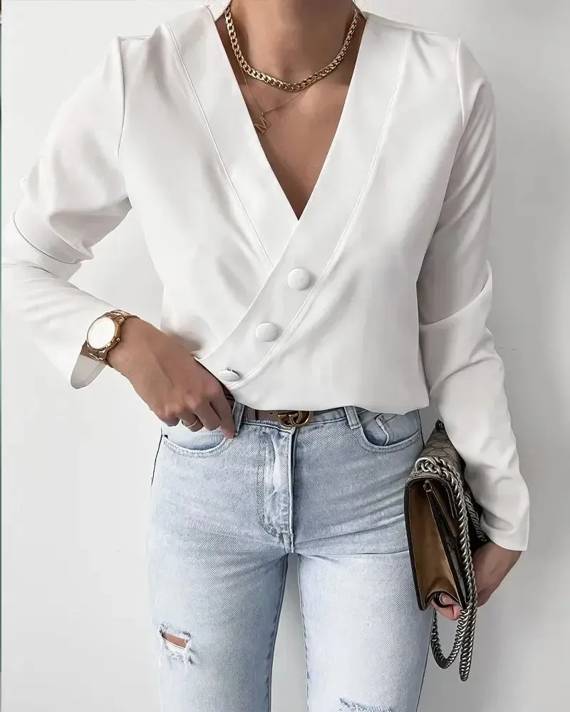 Xieyinshe - Wrap top with long sleeves and buttoned decoration