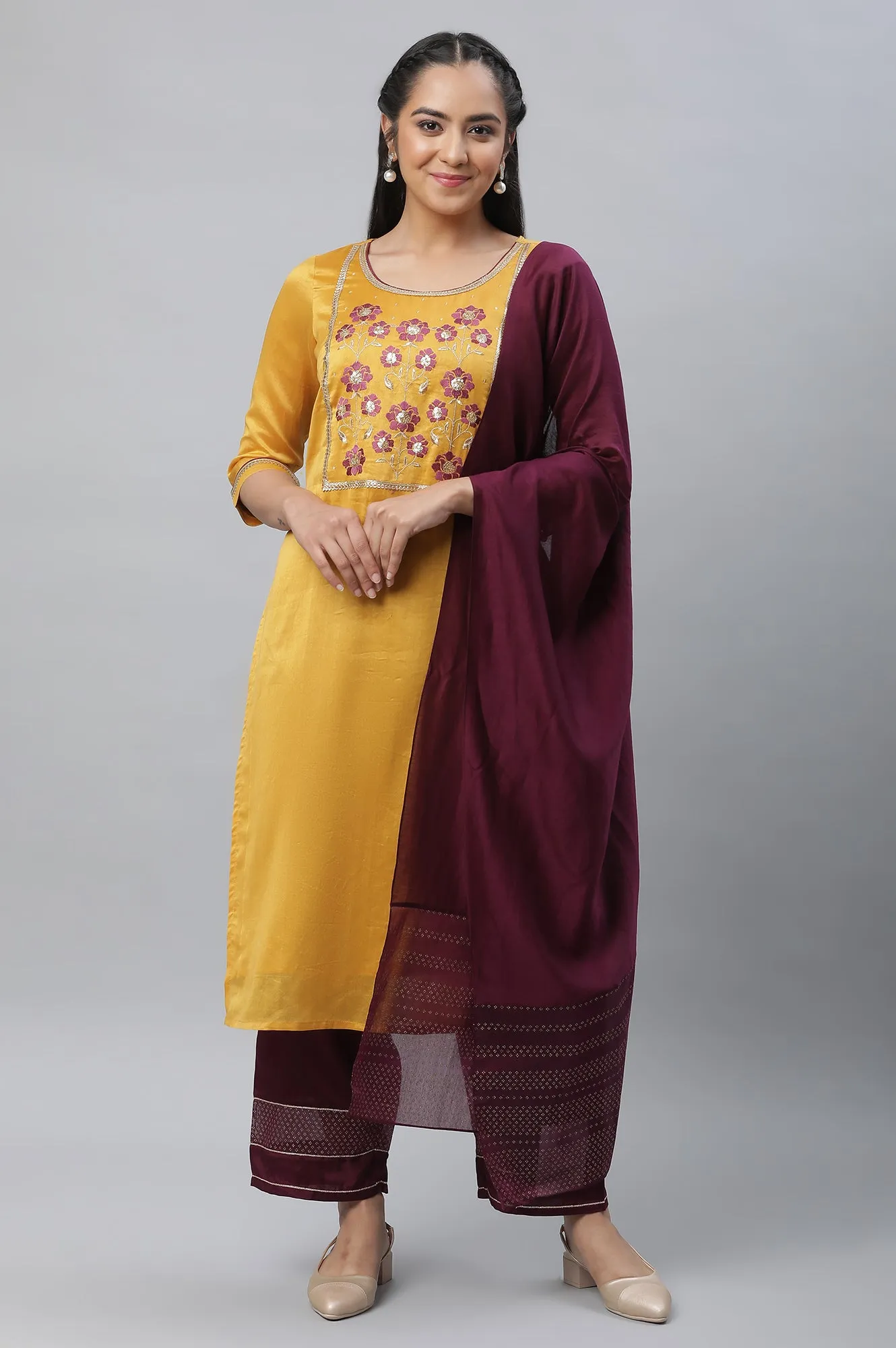 Yellow Embroidered Kurta, Palazzo & Dupatta Set