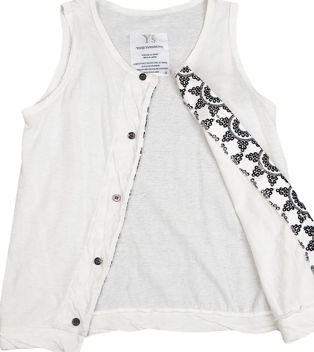 YOHJI YAMAMOTO JAPAN. Y's Inside-out embroidery White Sleeveless Top